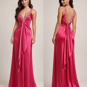SCALA Vintage Hot Pink Beaded Satin Gown | Barbiecore Y2K Prom Dress Size 4